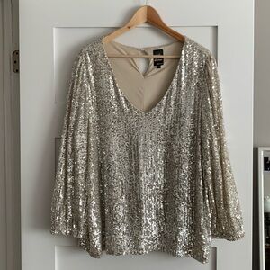 Silver sequinned 3/4 sleeved shirt. Size 2x